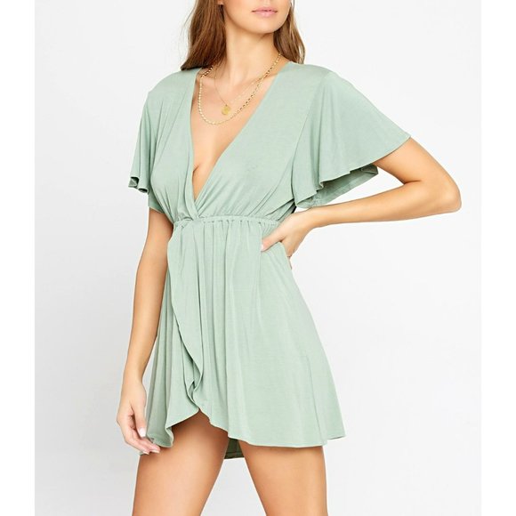 🌺SOLD🌺 L*Space | Lana Flowy Short Sleeve V-Neck Cover Up Mini Dress Olive - Picture 2 of 9